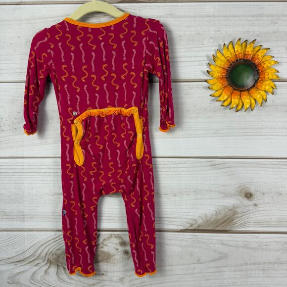 KicKee Pants Worms Print Footie Pajamas 6-9 Months Pink Orange Ruffle Snap - Picture 2 of 3